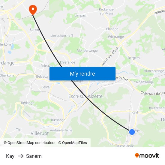 Kayl to Sanem map