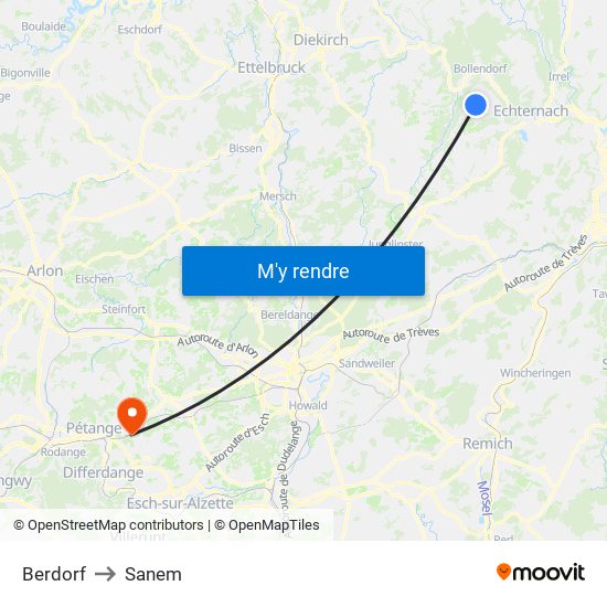 Berdorf to Sanem map