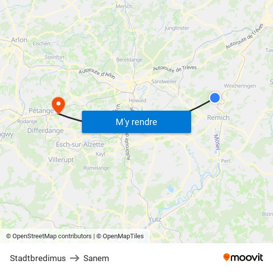 Stadtbredimus to Sanem map