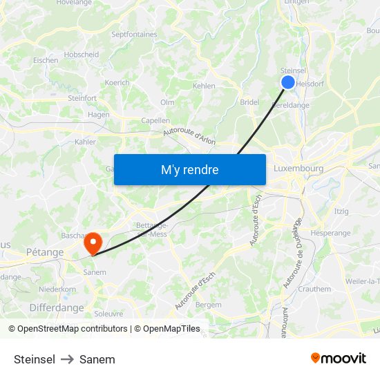 Steinsel to Sanem map