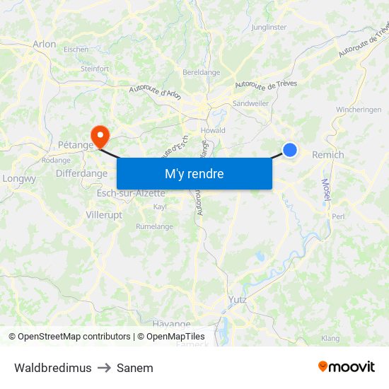 Waldbredimus to Sanem map