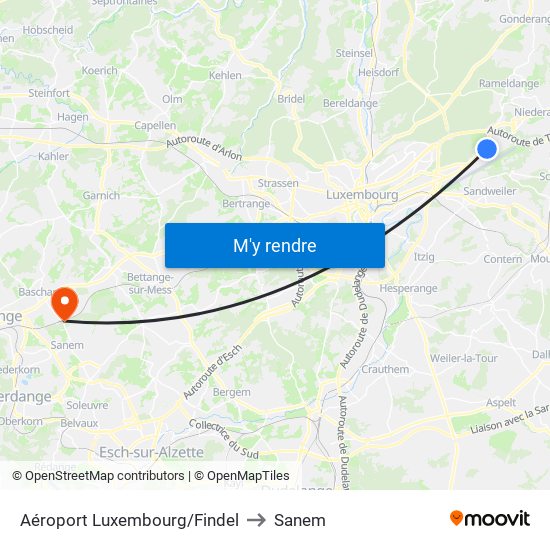 Aéroport Luxembourg/Findel to Sanem map
