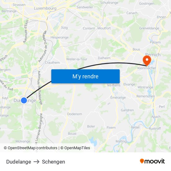 Dudelange to Schengen map