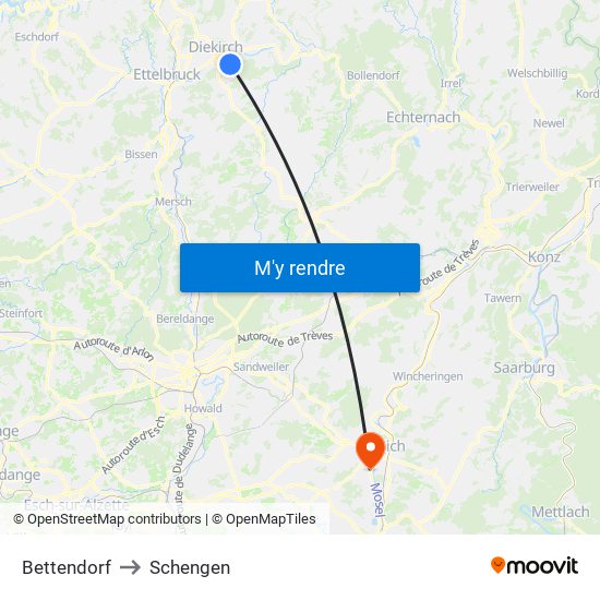 Bettendorf to Schengen map