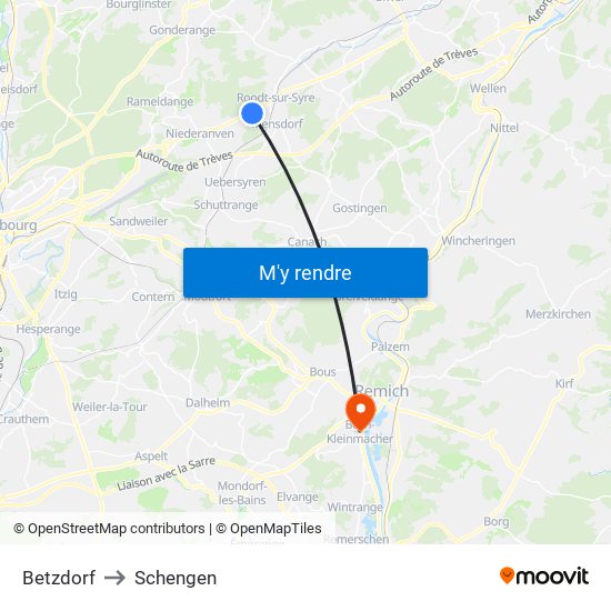 Betzdorf to Schengen map
