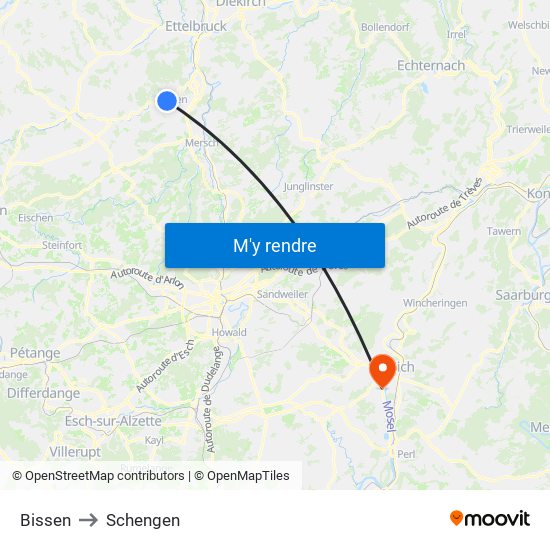 Bissen to Schengen map