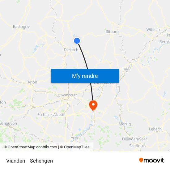 Vianden to Schengen map