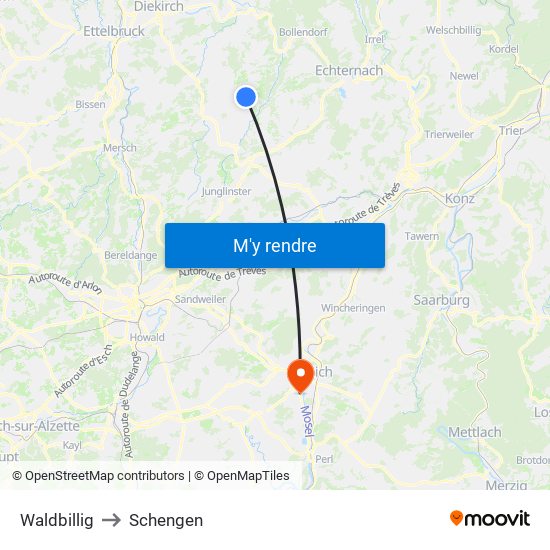 Waldbillig to Schengen map
