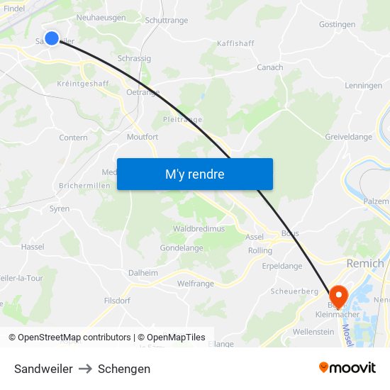 Sandweiler to Schengen map