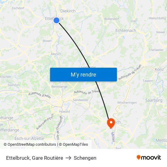 Ettelbruck, Gare Routière to Schengen map