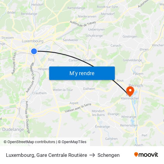 Luxembourg, Gare Centrale Routière to Schengen map