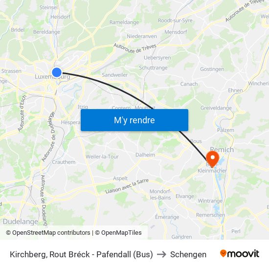 Kirchberg, Rout Bréck - Pafendall (Bus) to Schengen map