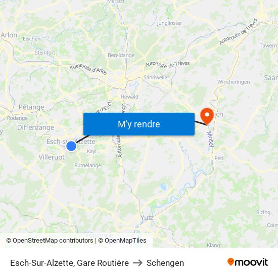 Esch-Sur-Alzette, Gare Routière to Schengen map