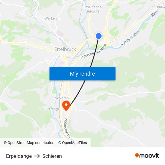 Erpeldange to Schieren map