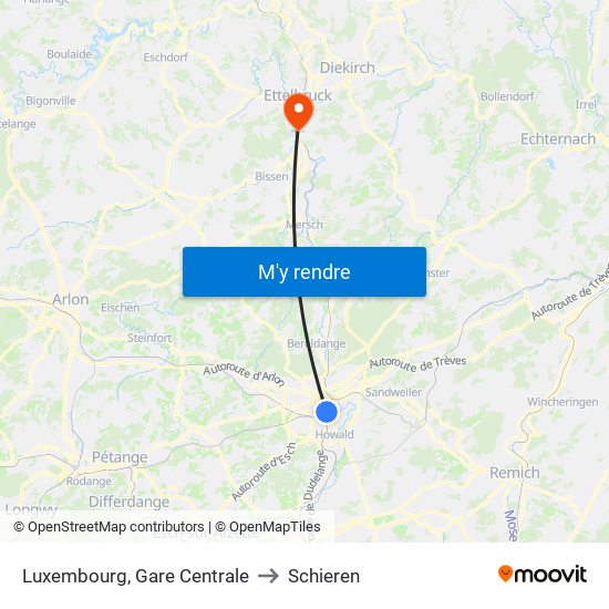 Luxembourg, Gare Centrale to Schieren map