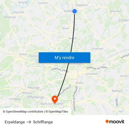 Erpeldange to Schifflange map