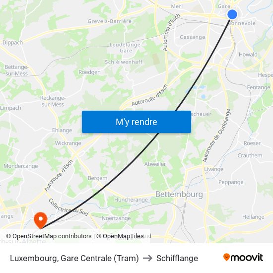 Luxembourg, Gare Centrale (Tram) to Schifflange map