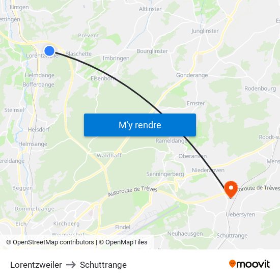 Lorentzweiler to Schuttrange map