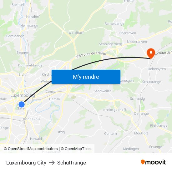 Luxembourg City to Schuttrange map