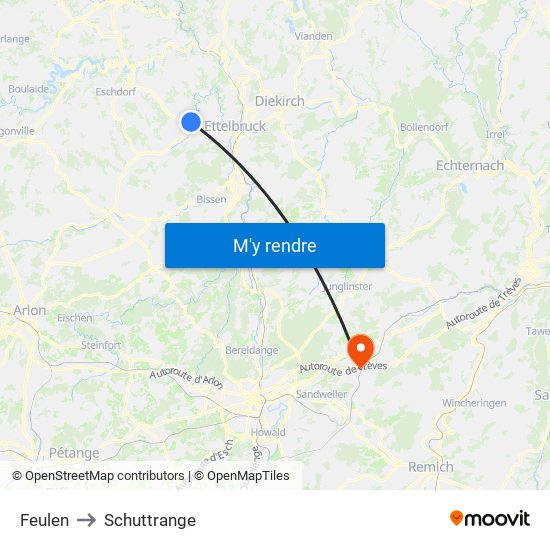 Feulen to Schuttrange map