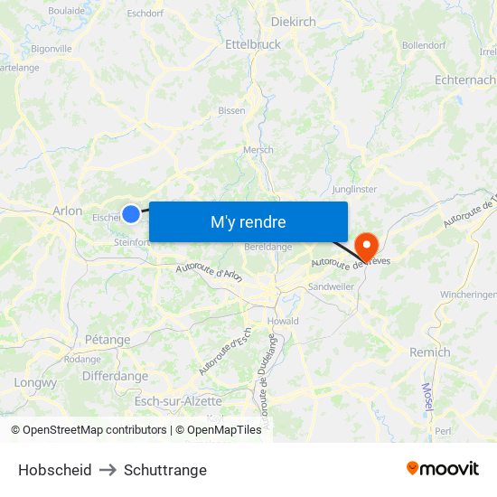 Hobscheid to Schuttrange map