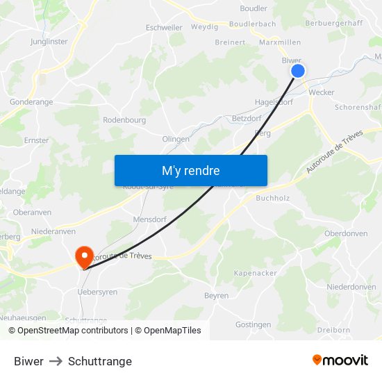 Biwer to Schuttrange map