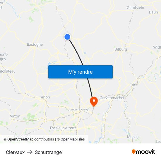 Clervaux to Schuttrange map