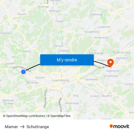 Mamer to Schuttrange map