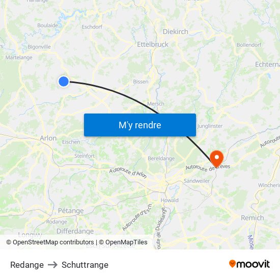 Redange to Schuttrange map