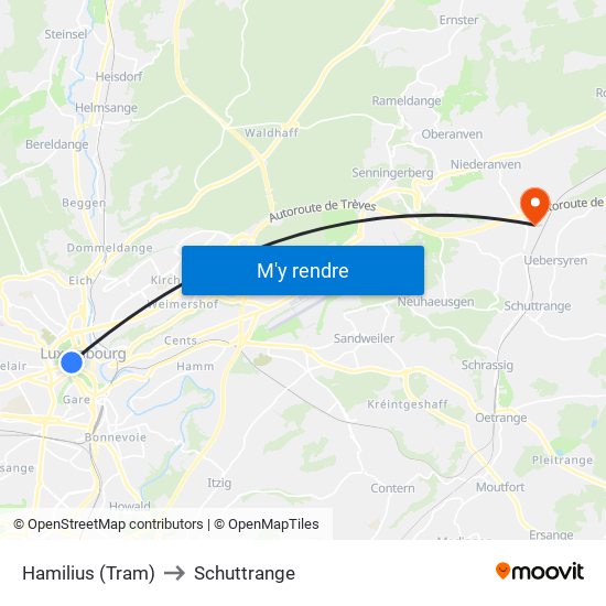 Hamilius (Tram) to Schuttrange map