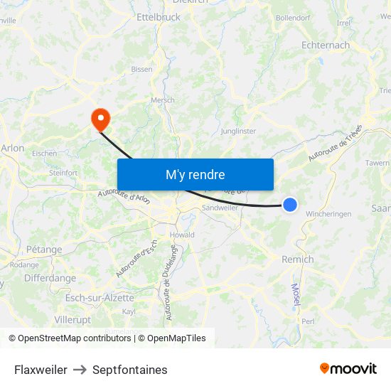 Flaxweiler to Septfontaines map