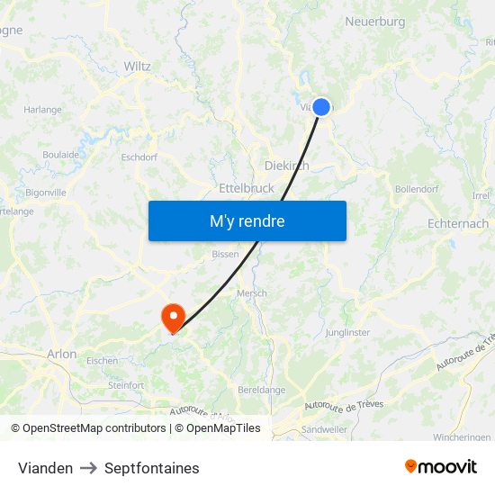 Vianden to Septfontaines map