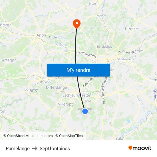 Rumelange to Septfontaines map