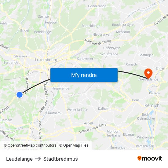 Leudelange to Stadtbredimus map