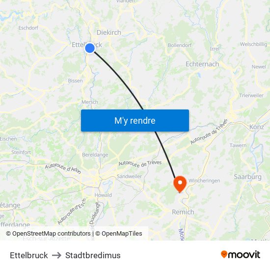 Ettelbruck to Stadtbredimus map