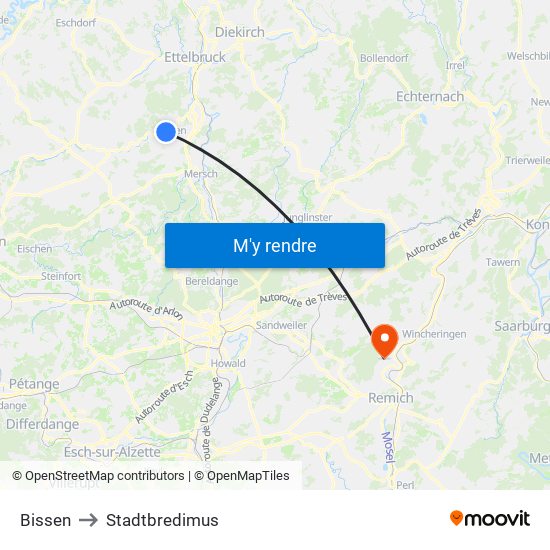 Bissen to Stadtbredimus map