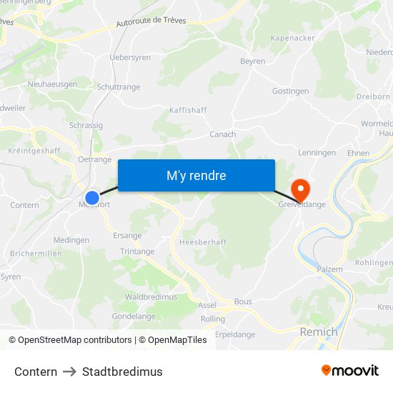 Contern to Stadtbredimus map