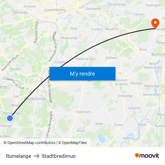 Rumelange to Stadtbredimus map