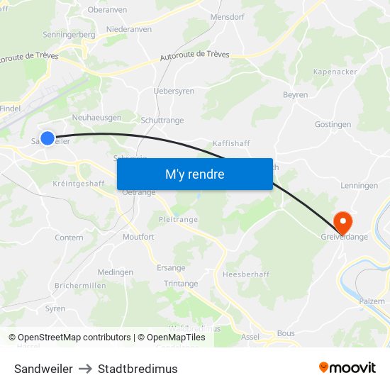 Sandweiler to Stadtbredimus map