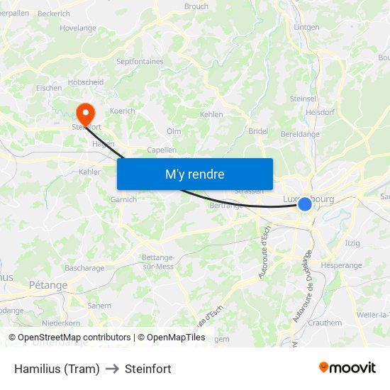 Hamilius (Tram) to Steinfort map