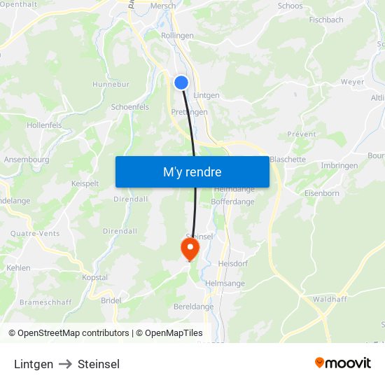 Lintgen to Steinsel map
