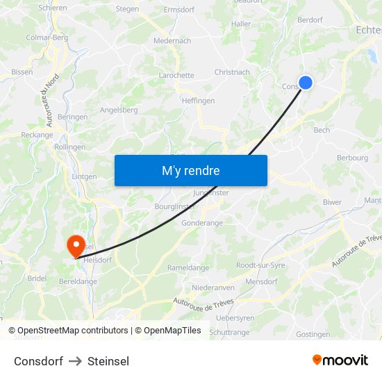 Consdorf to Steinsel map