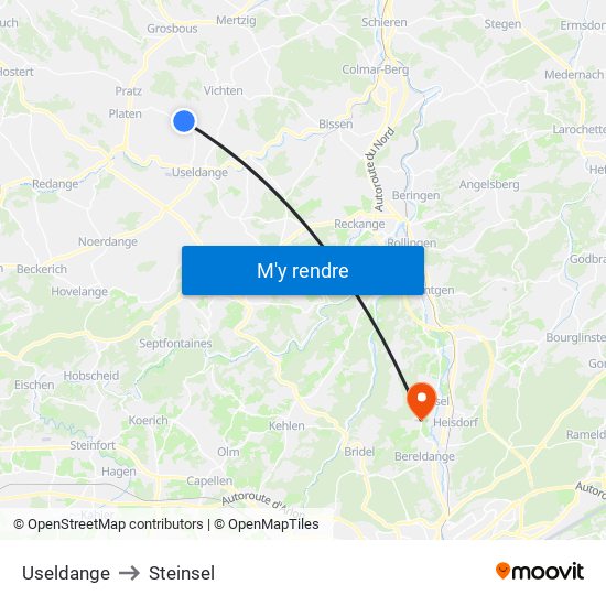 Useldange to Steinsel map