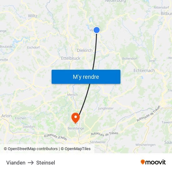 Vianden to Steinsel map