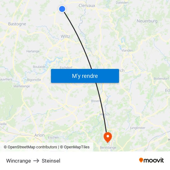 Wincrange to Steinsel map