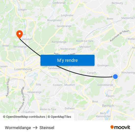Wormeldange to Steinsel map