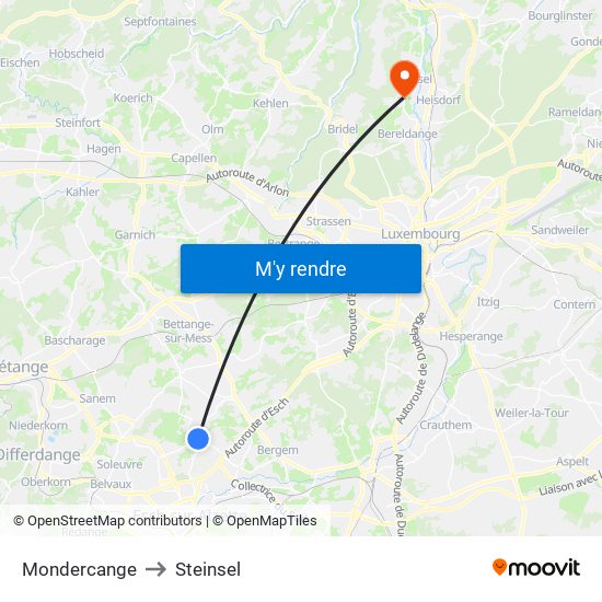 Mondercange to Steinsel map