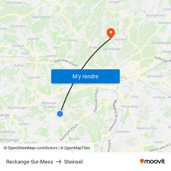 Reckange-Sur-Mess to Steinsel map