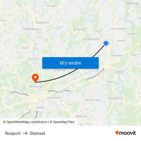 Rosport to Steinsel map