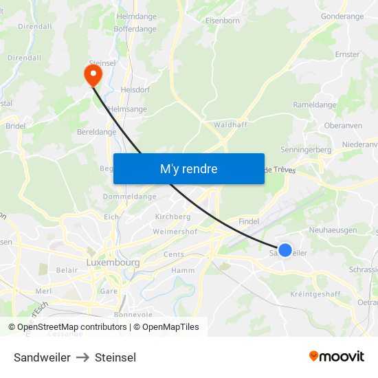 Sandweiler to Steinsel map